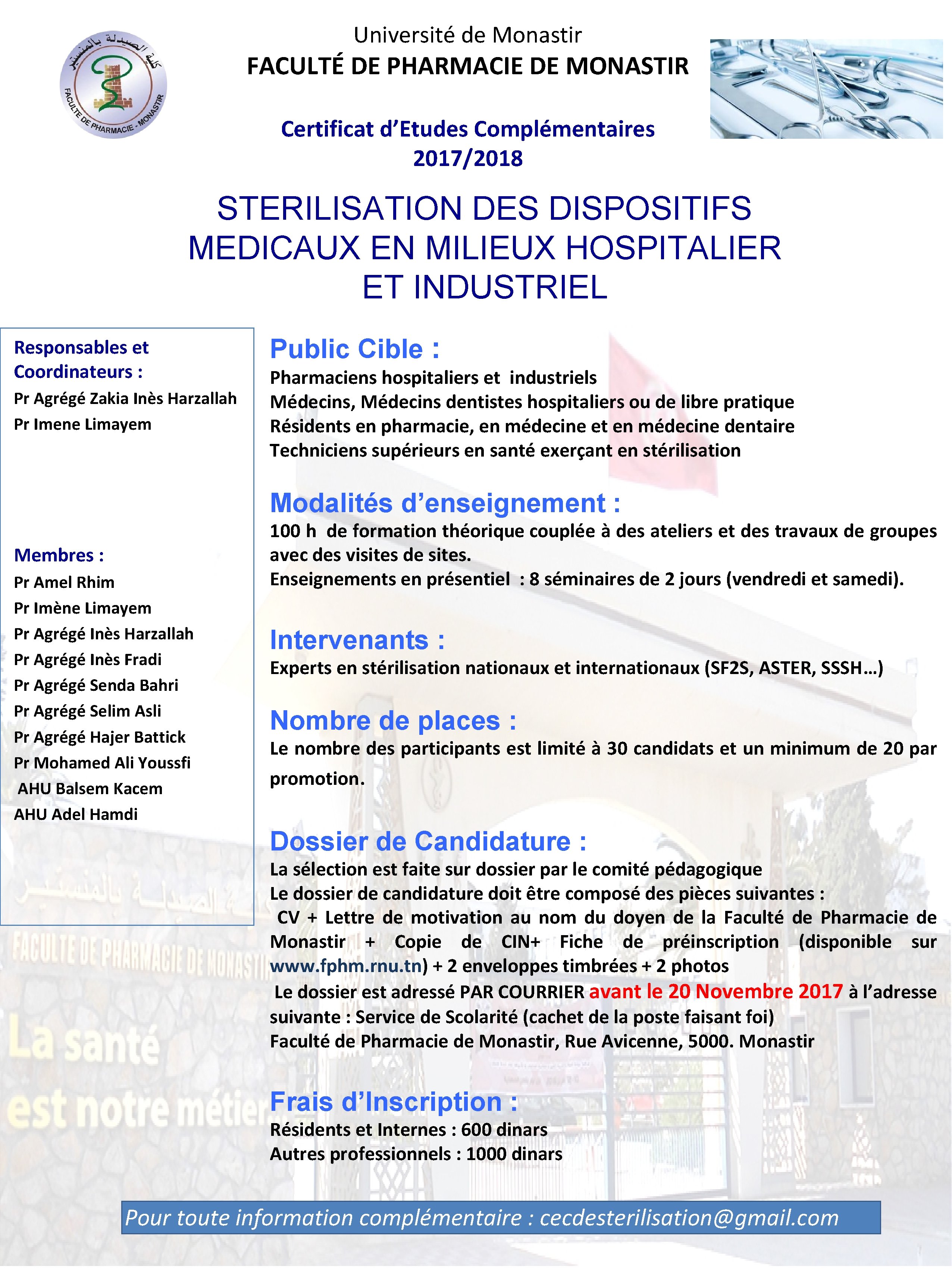 Université de Monastir FACULTÉ DE PHARMACIE DE MONASTIR Certificat d’Etudes Complémentaires 2017/2018 STERILISATION DES