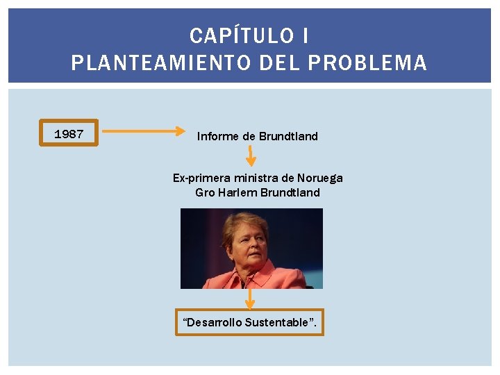 CAPÍTULO I PLANTEAMIENTO DEL PROBLEMA 1987 Informe de Brundtland Ex-primera ministra de Noruega Gro