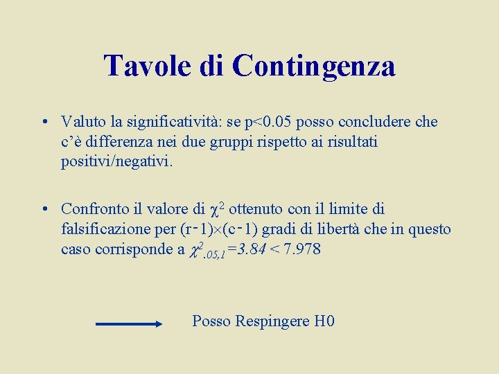 Tavole di Contingenza • Valuto la significatività: se p<0. 05 posso concludere che c’è