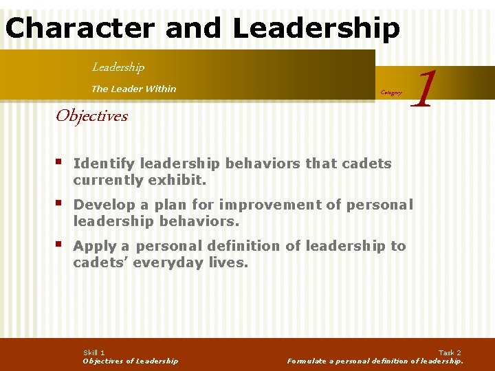 Character and Leadership The Leader Within Category Objectives 1 § Identify leadership behaviors that