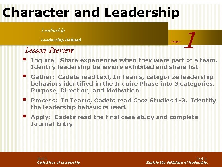 Character and Leadership Defined Lesson Preview Category 1 § Inquire: Share experiences when they