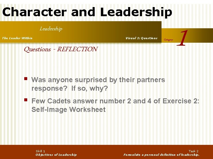 Character and Leadership The Leader Within Visual 1: Questions Category Questions - REFLECTION 1