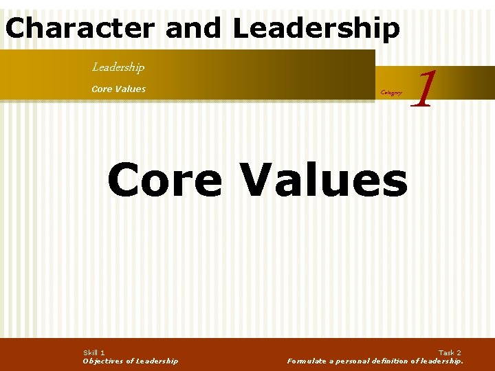 Character and Leadership Core Values Category 1 Core Values Skill 1 Objectives of Leadership