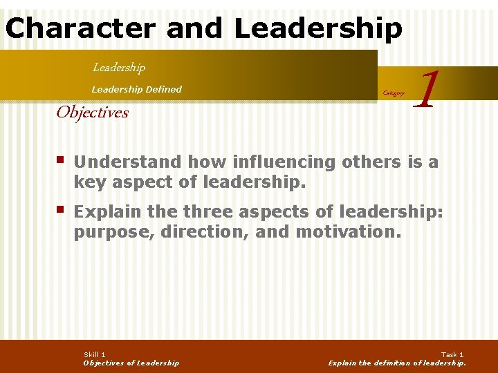 Character and Leadership Defined Objectives Category 1 § Understand how influencing others is a