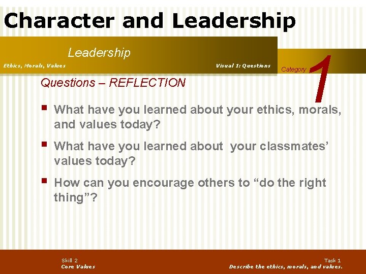 Character and Leadership Ethics, Morals, Values Questions – REFLECTION Visual 1: Questions 1 Category