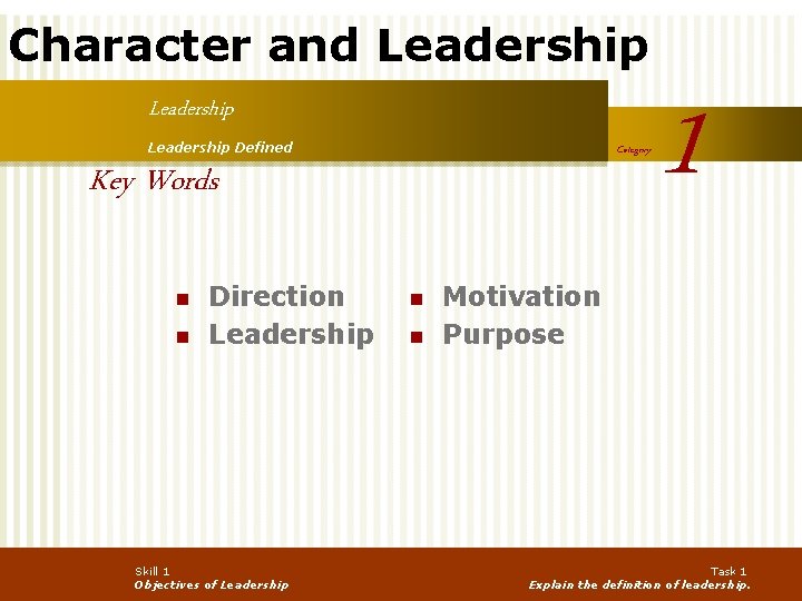 Character and Leadership Defined Category Key Words n n Direction Leadership Skill 1 Objectives