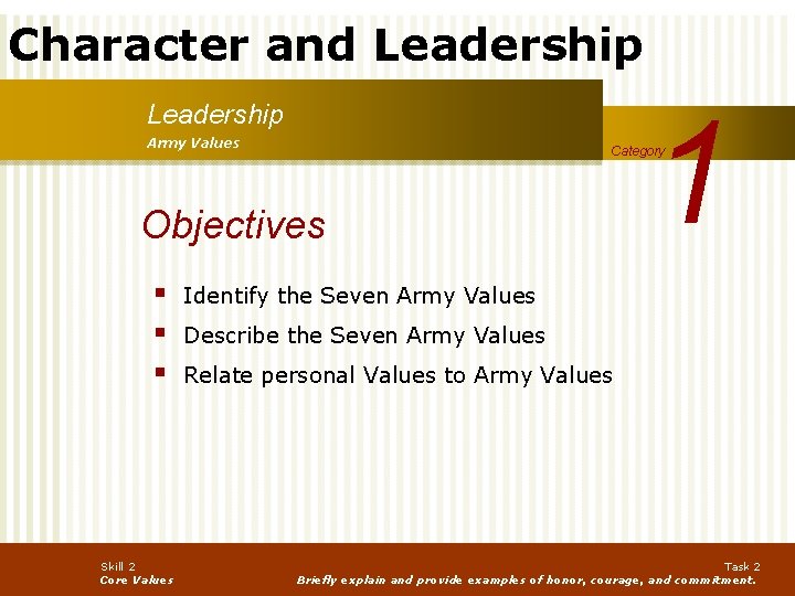 Character and Leadership Army Values Objectives § § § Skill 2 Core Values 1