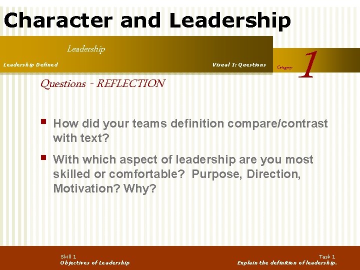Character and Leadership Defined Visual 1: Questions - REFLECTION Category 1 § How did