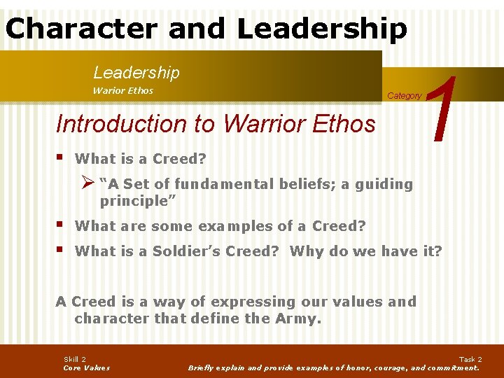 Character and Leadership Warior Ethos Introduction to Warrior Ethos § 1 Category What is
