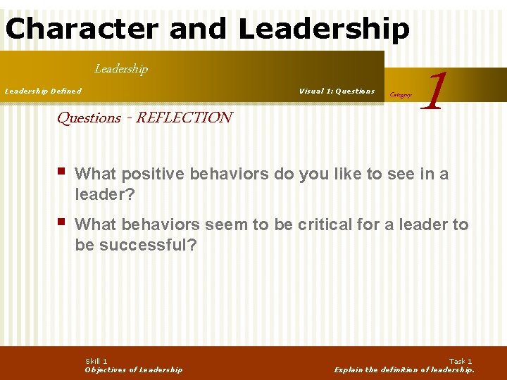 Character and Leadership Defined Visual 1: Questions - REFLECTION Category 1 § What positive