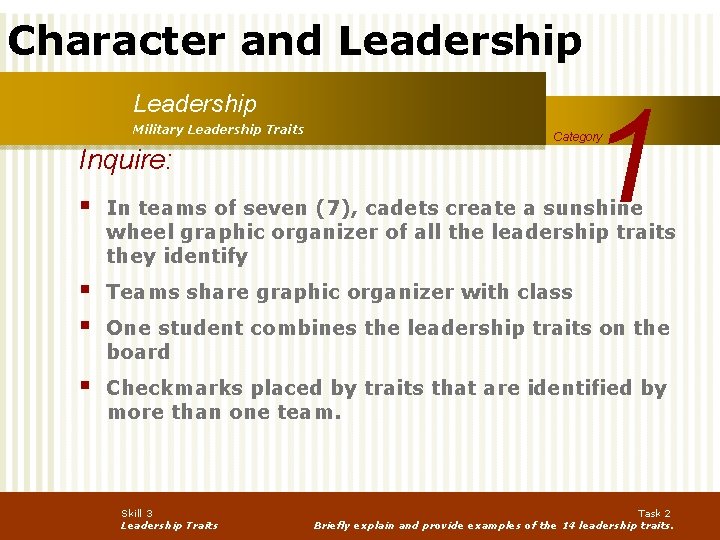 Character and Leadership 1 Leadership Military Leadership Traits Category Inquire: § In teams of