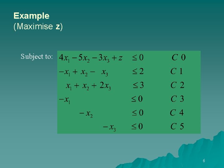 Example (Maximise z) Subject to: 6 