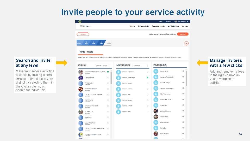 Invite people to your service activity Search and invite at any level Manage invitees