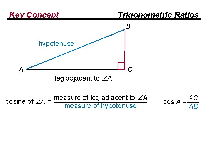 Key Concept Trigonometric Ratios B hypotenuse A C leg adjacent to A cosine of