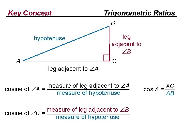 Key Concept Trigonometric Ratios B hypotenuse A leg adjacent to B C leg adjacent