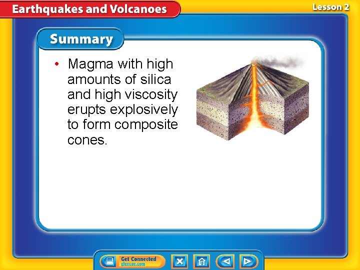  • Magma with high amounts of silica and high viscosity erupts explosively to