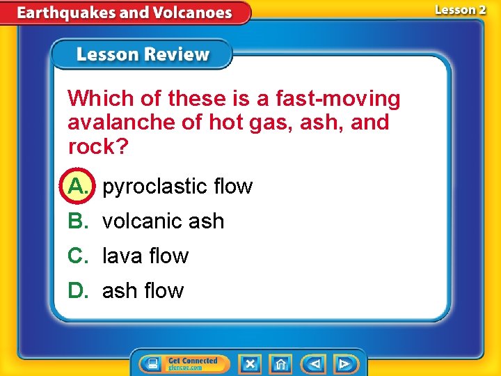Which of these is a fast-moving avalanche of hot gas, ash, and rock? A.