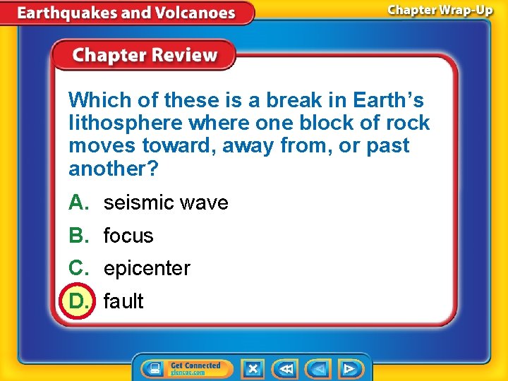 Which of these is a break in Earth’s lithosphere where one block of rock