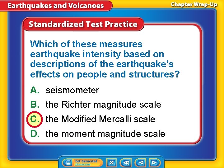 Which of these measures earthquake intensity based on descriptions of the earthquake’s effects on