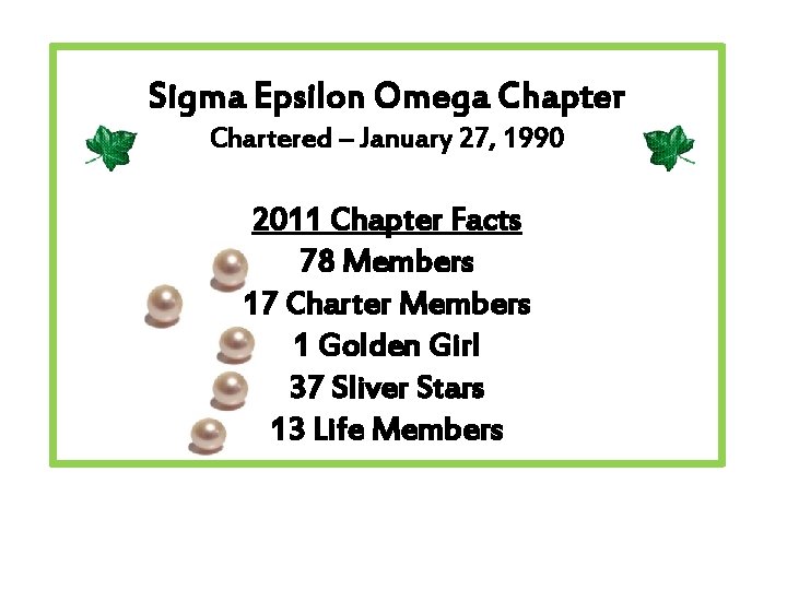 Sigma Epsilon Omega Chapter Chartered – January 27, 1990 2011 Chapter Facts 78 Members