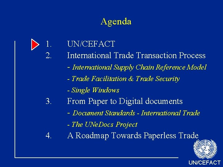 Agenda 1. 2. UN/CEFACT International Trade Transaction Process - International Supply Chain Reference Model