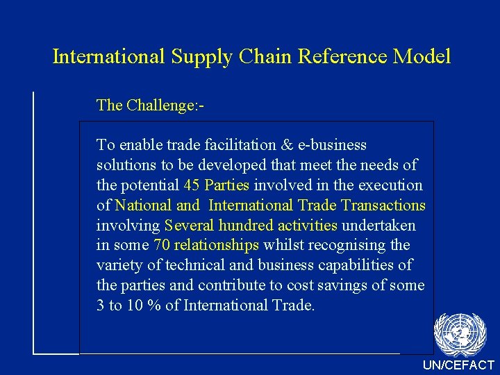International Supply Chain Reference Model The Challenge: To enable trade facilitation & e-business solutions