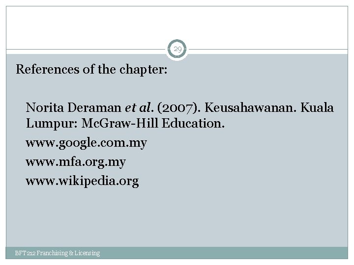 29 References of the chapter: Norita Deraman et al. (2007). Keusahawanan. Kuala Lumpur: Mc.