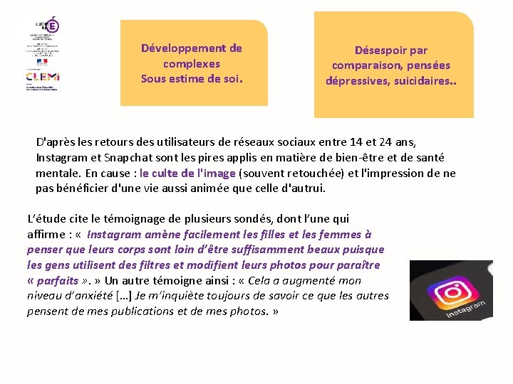 Développement de complexes Sous estime de soi. Désespoir par comparaison, pensées dépressives, suicidaires. .