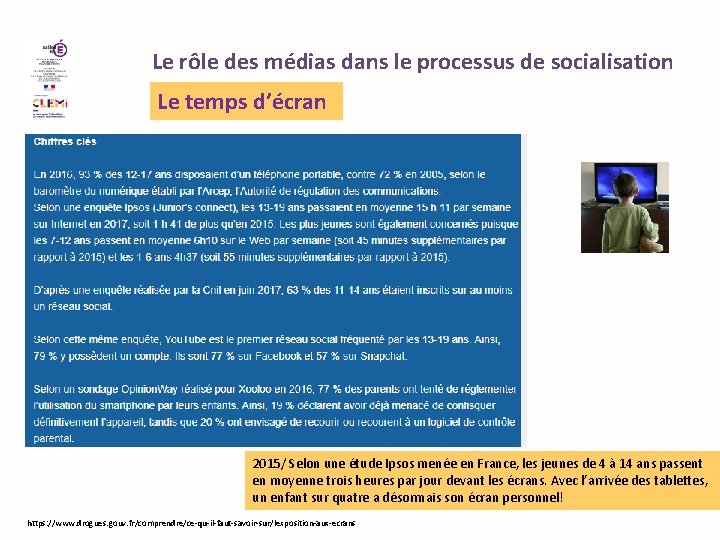Le rôle des médias dans le processus de socialisation Le temps d’écran 2015/ Selon