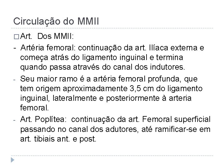 Circulação do MMII � Art. Dos MMII: - Artéria femoral: continuação da art. Ilíaca