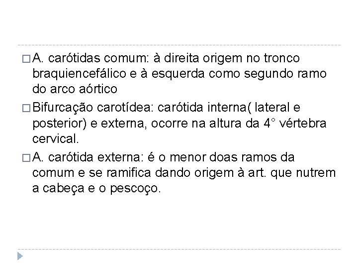 � A. carótidas comum: à direita origem no tronco braquiencefálico e à esquerda como