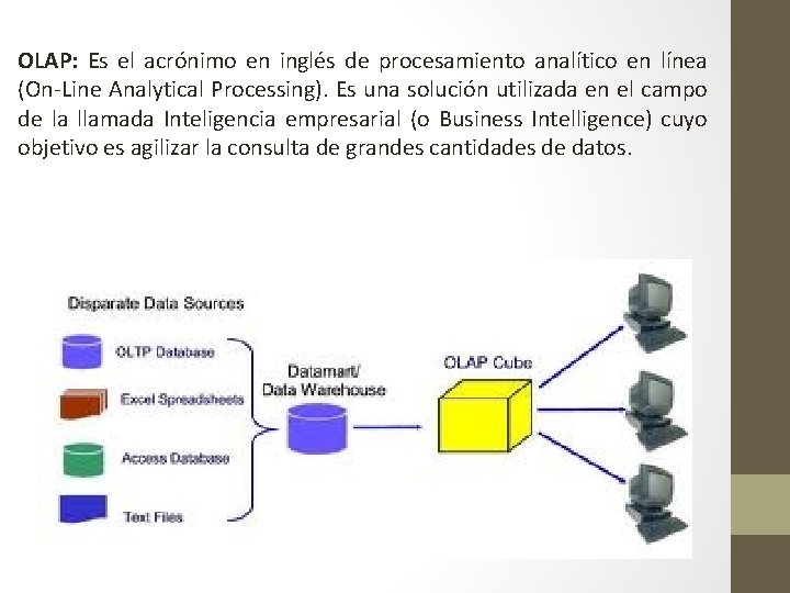 OLAP: Es el acrónimo en inglés de procesamiento analítico en línea (On-Line Analytical Processing).