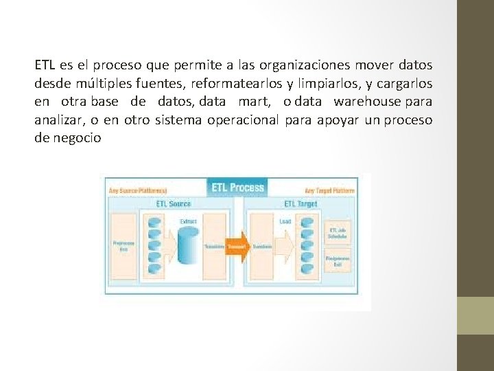 ETL es el proceso que permite a las organizaciones mover datos desde múltiples fuentes,