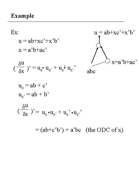 Example Ex: u = ab+xc’+x’b’ x = a’b+ac’ du ( dx )’ = ux