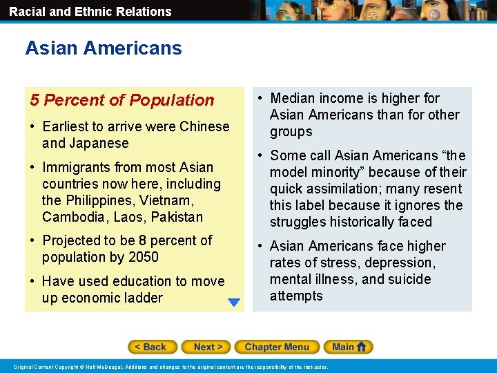 Racial and Ethnic Relations Asian Americans 5 Percent of Population • Earliest to arrive Racial and Ethnic Relations Asian Americans 5 Percent of Population • Earliest to arrive