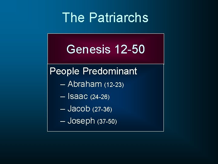 The Patriarchs Genesis 12 -50 People Predominant – Abraham (12 -23) – Isaac (24