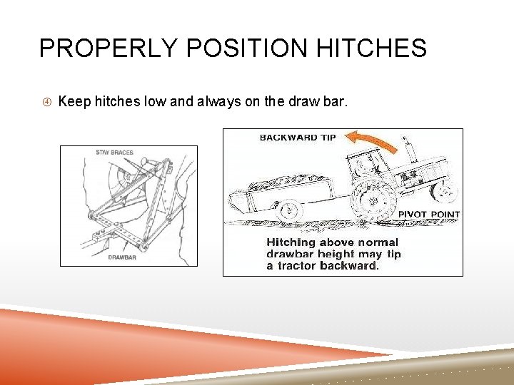 PROPERLY POSITION HITCHES Keep hitches low and always on the draw bar. 