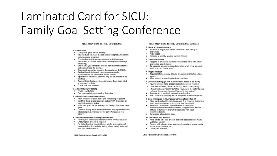 Laminated Card for SICU: Family Goal Setting Conference Laminated Card for SICU: Family Goal Setting Conference