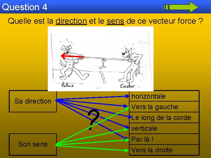 Question 4 Quelle est la direction et le sens de ce vecteur force ?