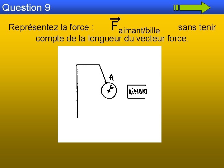 Question 9 Représentez la force : Faimant/bille sans tenir compte de la longueur du