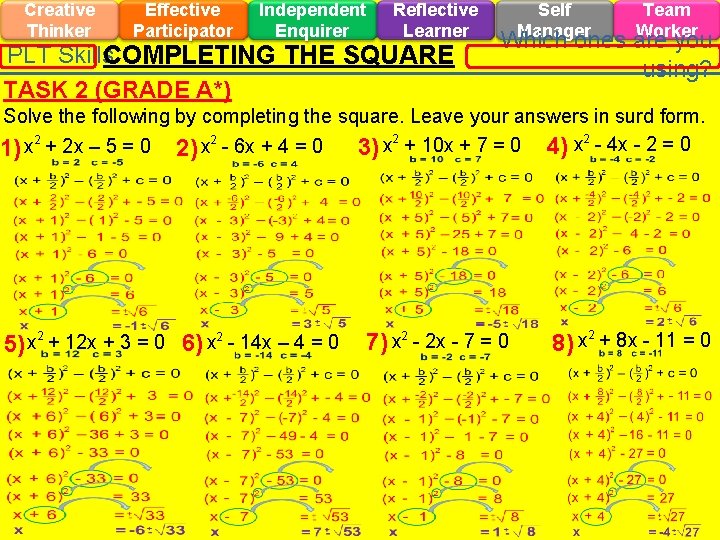 Creative Thinker Effective Participator Independent Enquirer Reflective Learner PLT Skills. COMPLETING THE SQUARE TASK