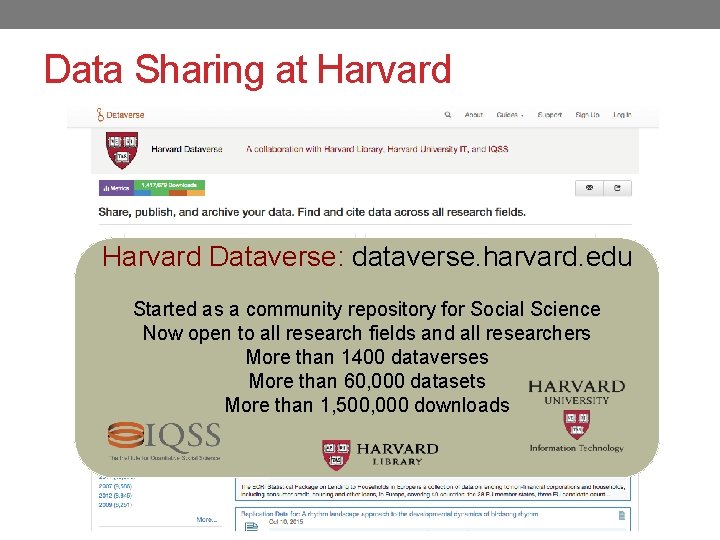 Data Sharing at Harvard Dataverse: dataverse. harvard. edu Started as a community repository for
