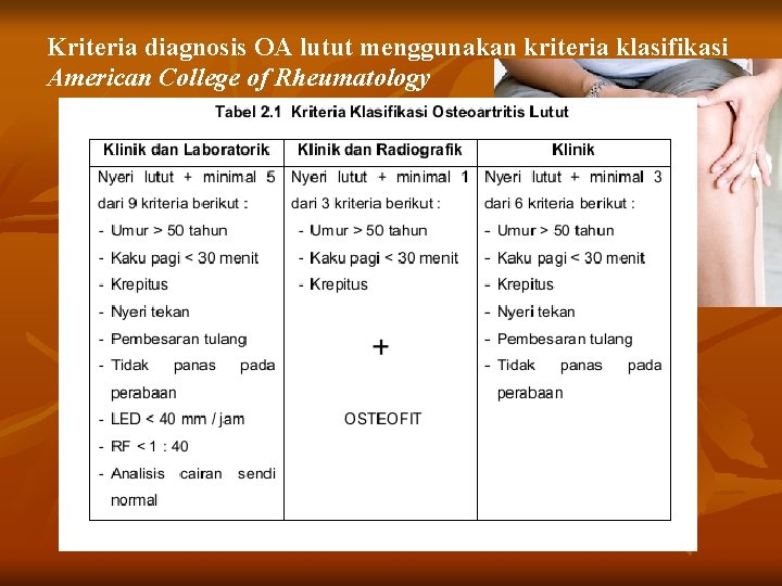 Kriteria diagnosis OA lutut menggunakan kriteria klasifikasi American College of Rheumatology 