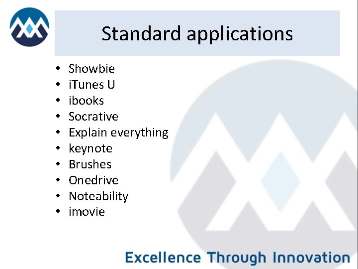 Standard applications • • • Showbie i. Tunes U ibooks Socrative Explain everything keynote