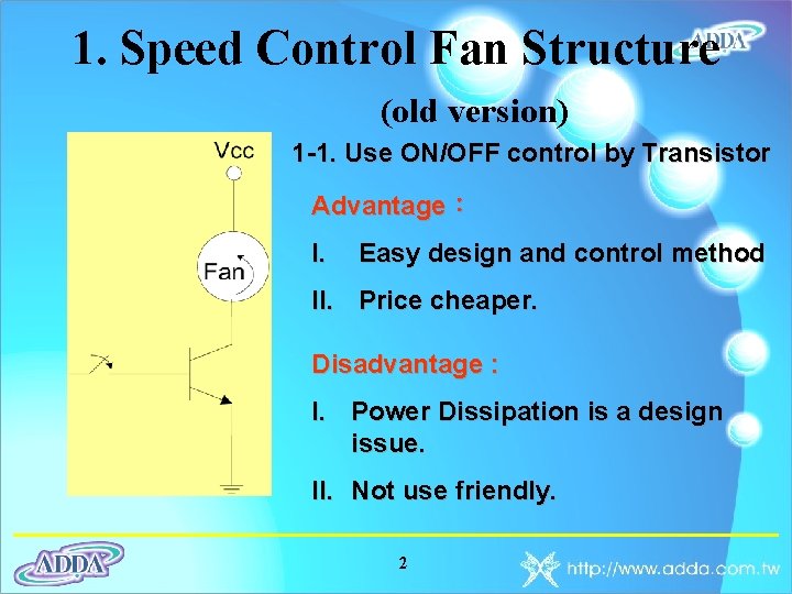 1. Speed Control Fan Structure (old version) 1 -1. Use ON/OFF control by Transistor