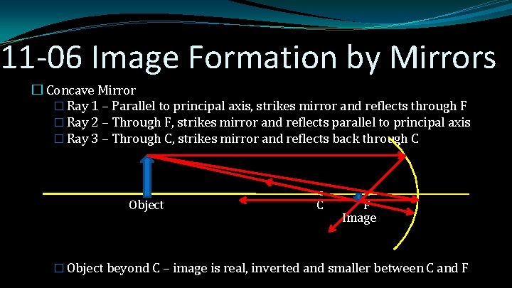 11 -06 Image Formation by Mirrors � Concave Mirror � Ray 1 – Parallel