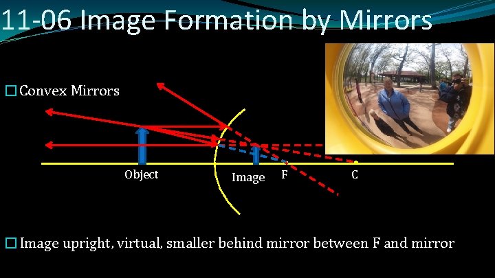 11 -06 Image Formation by Mirrors �Convex Mirrors Object Image F C �Image upright,