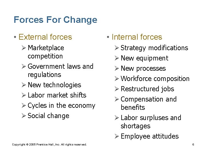 Forces For Change • External forces Ø Marketplace competition Ø Government laws and regulations