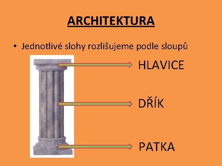 ARCHITEKTURA • Jednotlivé slohy rozlišujeme podle sloupů HLAVICE DŘÍK PATKA 