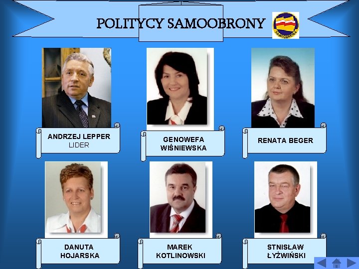 POLITYCY SAMOOBRONY ANDRZEJ LEPPER LIDER DANUTA HOJARSKA GENOWEFA WIŚNIEWSKA MAREK KOTLINOWSKI RENATA BEGER STNISŁAW